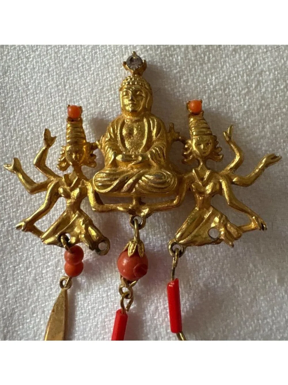 Vintage ARTCO Gold Buddha Signed Pin With Coral Dangles & Rhinestone Accent